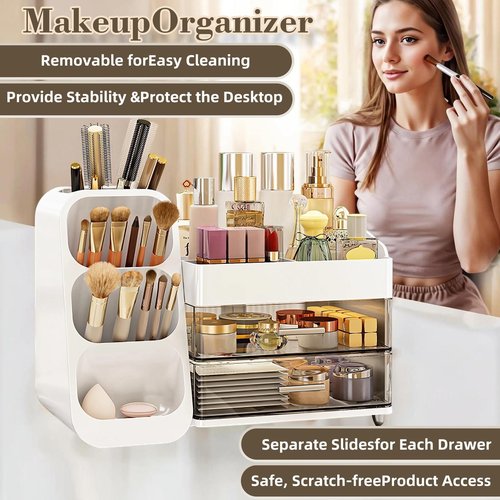 Makeup Organizer And Storage White Large 3 Clear Makeup Drawer Organizer,Skincare Organizers Countertop For Vanity Bedroom Tiered Makeup Box Organizer-Beauty Countertop Organization For Makeup