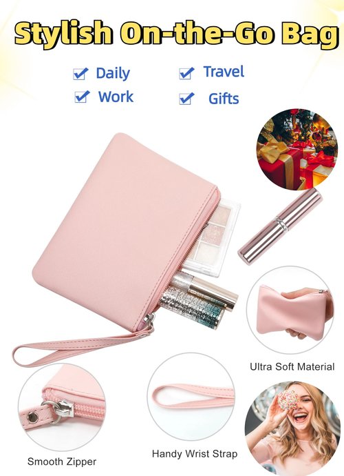 SeBUCUOO 2 Pack Small Zipper Pouch Mini Makeup Bag for Purse Lipstick Cosmetic Travel Make Up Organizer for Women Essentials, Car Change Coin Holder 4.5 x 6.5 Clutch Stadium Approved Wristlet, Pink