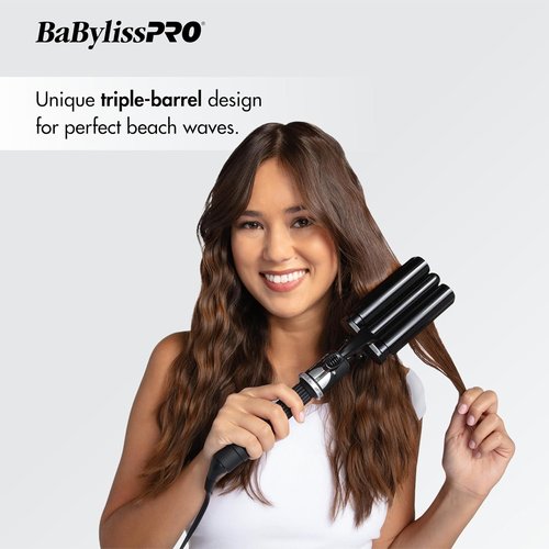 BabylissPRO Triple Barrel Waver - Porcelain Ceramic Styling Tool in Black