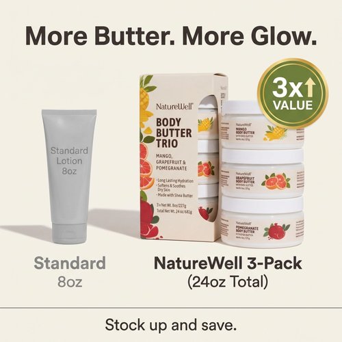 NATURE WELL Shea Body Butter Variety Pack, Includes Grapefruit, Mango, & Pomegranate, Provides Ultimate Nourishment & Hydration, 3 Pack (8 Oz Ea)