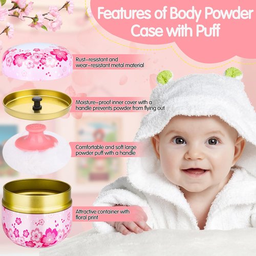 3 Pieces Body Powder Puff and Container, Baby Powder Container Floral Pattern with Large Fluffy Plush Puff Spoon, Baby Woman Loose Dusting Powder Tea Box for Home & Travel Use (Pink, Blue and Yellow)
