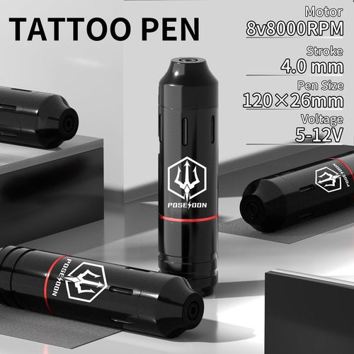POSEIDON Cordless Tattoo Pen Kit with 2×1600mAh Batteries & Complete Starter Set | Professional Wireless Tattoo Machine for Beginners | Includes 20 Needles, Inks, Practice Skin