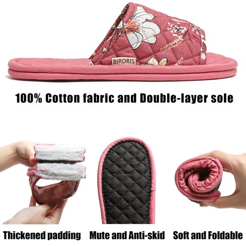 3 Pairs Floral Cotton House Slippers for Women, Open Toe Indoor Slippers Comfortable Washable Portable Foldable Guest Travel Hotel Airplane Spa Slippers (Solid Color Flower, 7-8.5, Adult, Women, 7, Numeric Range, US Footwear Size System, 8.5, Medium)