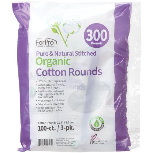 ForPro Pure & Natural Stitched Organic Cotton Rounds for Face (300-Count), 100% Certified Organic Cotton Makeup Remover Pads, Hypoallergenic, Lint-Free, Vegan & Cruelty-Free, Pack of 3-100 Cotton Pads