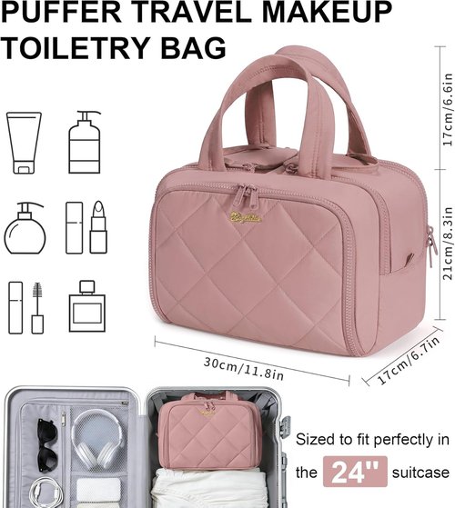 Skiennix Travel Toiletry Bag - Large Wide-Open Quilted Makeup Organizer | Water-Resistant Dark Pink