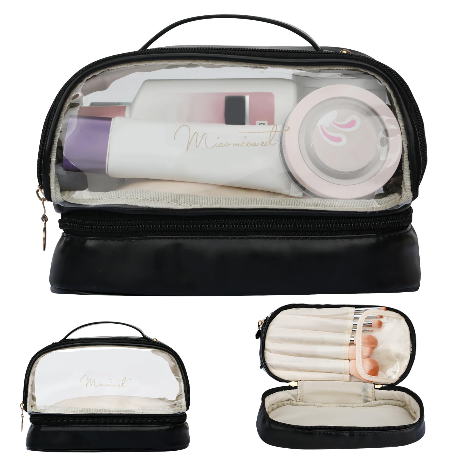 Yowivon Black Makeup Bag Organizer Travel Clear Cosmetic Bags for Women, Leather Waterproof Travel Size Skincare Make Up Bag Toiletry Bag, Graduation Birthday Gifts for Women Girls