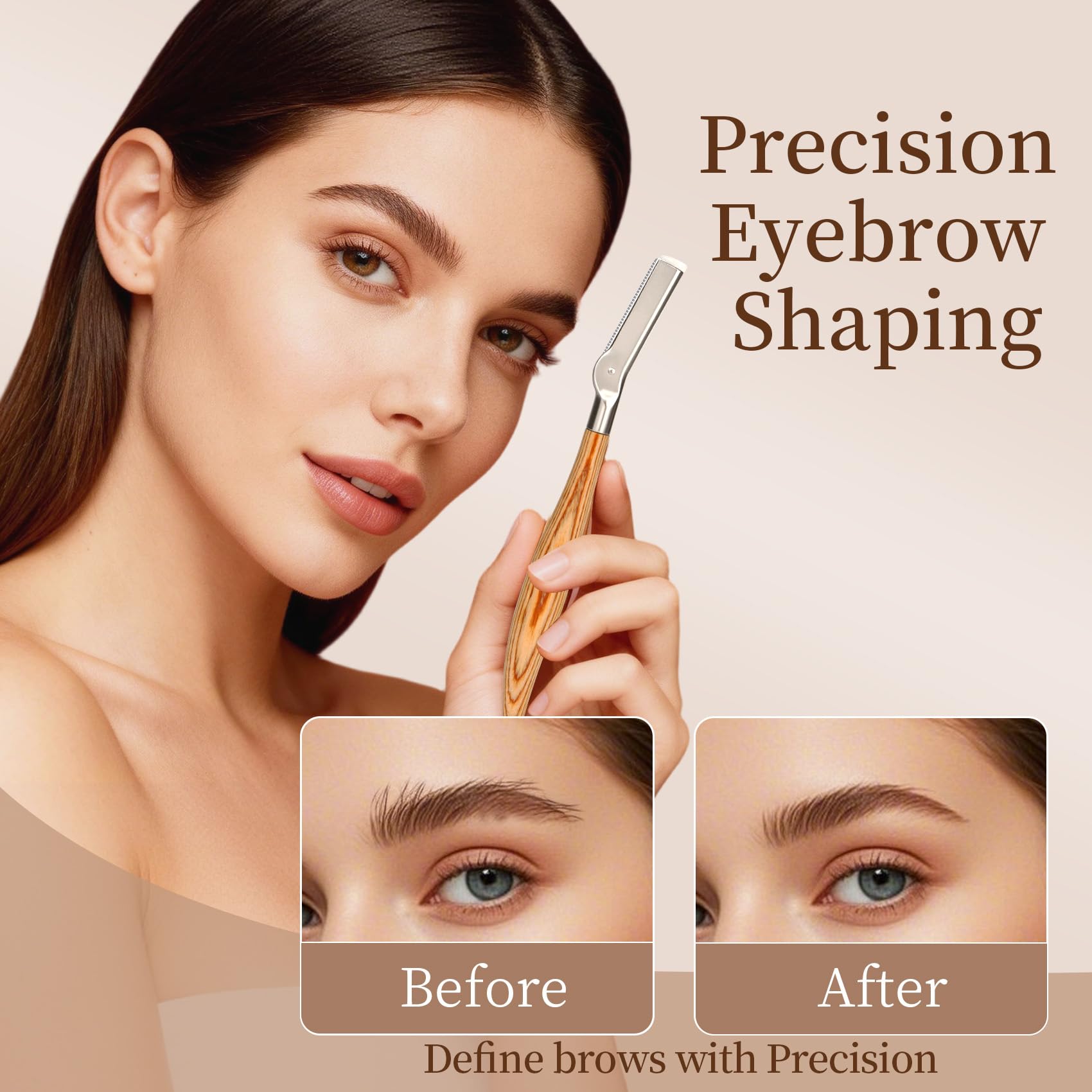 ZiLORA EyeBrow Razor with Safety Mesh Guard – Wooden Handle Eyebrow Trimmer for Women & Men, Includes 8 Replacement Blades & Leather Pouch for Peach Fuzz, Lip Hair & Brow Shaping
