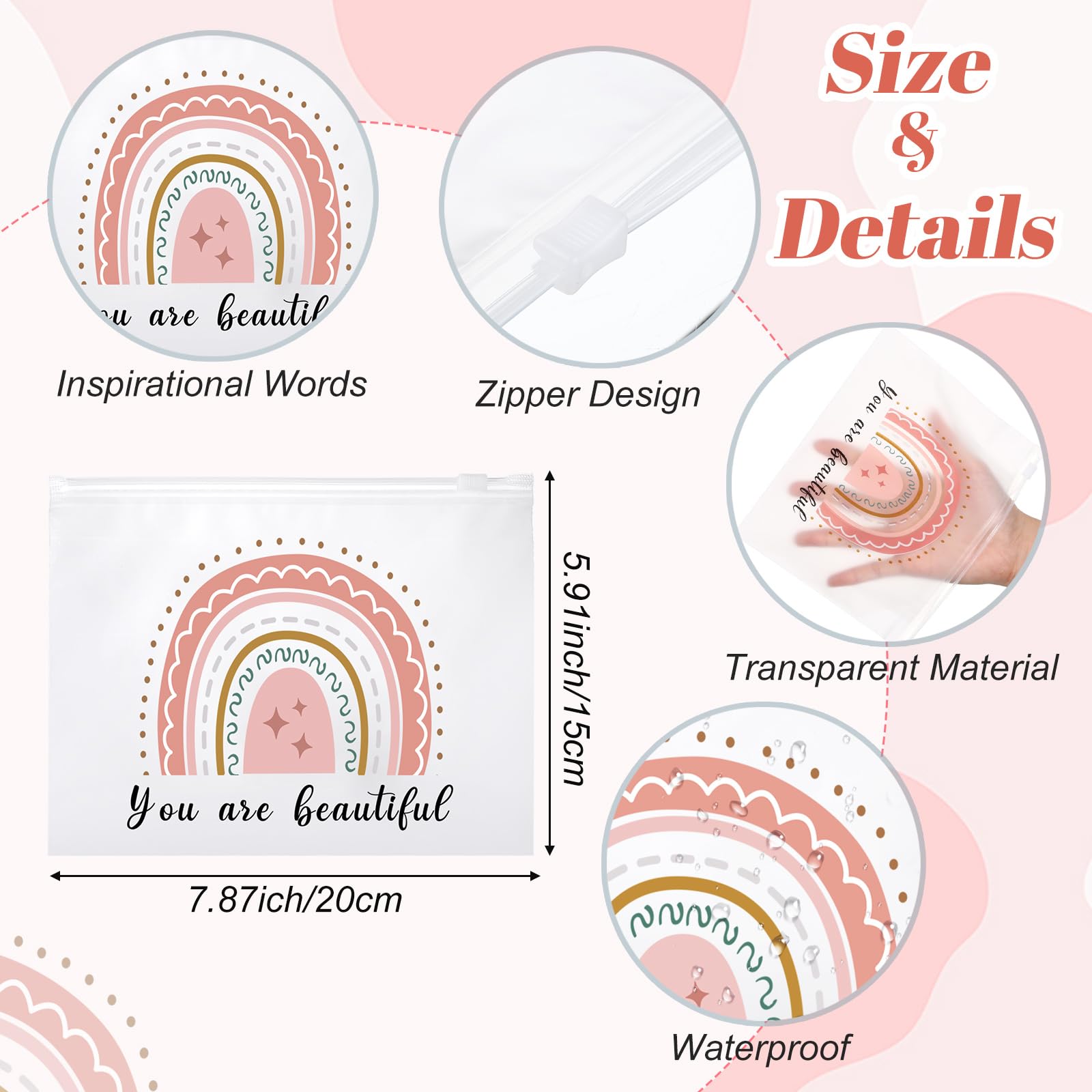 Wesiti 50 Pcs Rainbow Cosmetic Bag Inspirational Gift Motivational Quotes Christian Makeup Bag Bulk Waterproof Zipper Pouch for Women Girl Teacher Christmas Gift(You Are Beautiful)