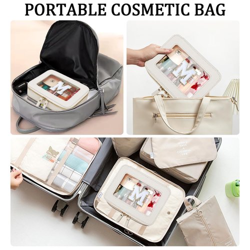 CLOUDWINGS Initial Travel Toiletry Bag - Cosmetic Bags for Girls with Zipper, Clear & Potable Makeup Bag for Travel, Cosmetic Pouch Perfect Gifts for Graduation (Beige, M)