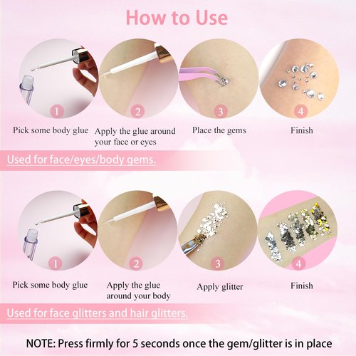 Face Makeup Glue for Rhinestones, 2pcs Waterproof Glitter Glue Long Lasting with Remover Brush, Strong Adhesion Designed for Eye Jewels Face Gems Body Glitter Makeup