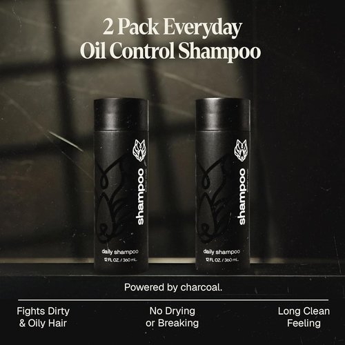 Black Wolf Charcoal-Infused Men's Shampoo | 2-Pack for Oily Hair - 12 Fl Oz Each - Deep Cleansing & Hydrating Formula