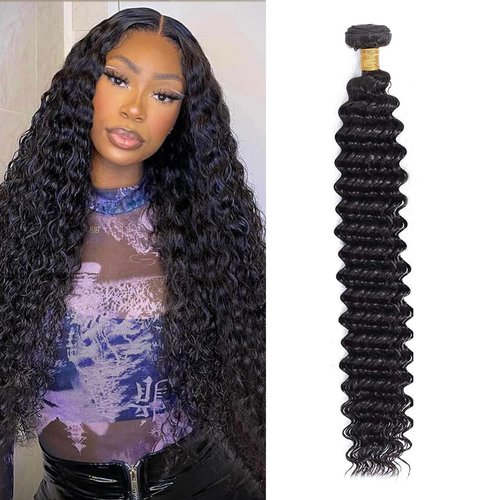 Human Hair Bundles 20 Inch Single Deep Wave Hair Bundles 100% Unprocessed Brazilian Virgin Deep Curly Human Hair 1 Bundles Deep Wavy Hair Extensions for Black Women Natural Black