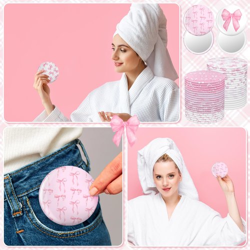Namalu 48 Pcs Pink Bow Party Favors Pink Bow Coquette Mini Pocket Mirrors Inspirational Christian Gifts Bulk for Women Portable Round Makeup Mirror Church Religious(Cute Style)