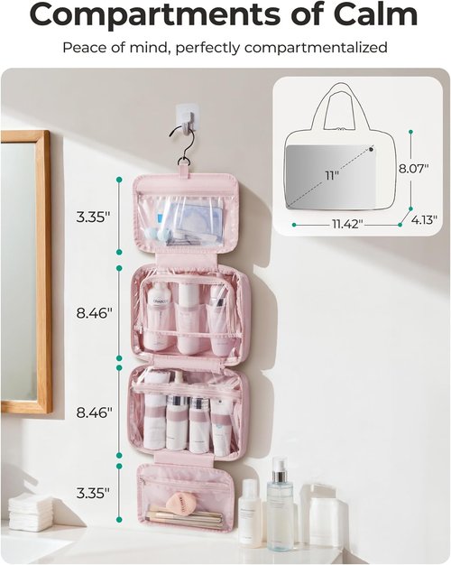 BAGSMART Travel Toiletry Bag - Waterproof Makeup Organizer with Hanging Hook | Pink, Full-Size Accessories
