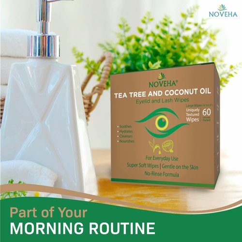NOVEHA 120PCs Tea Tree & Coconut Oil Eyelid & Lash Wipes - For Demodex, Blepharitis & Itchy Eyes, Individually Wrapped Eyelash Wipes With Aloe Vera, Natural Makeup Remover & Daily Eye Cleanser - 2pack