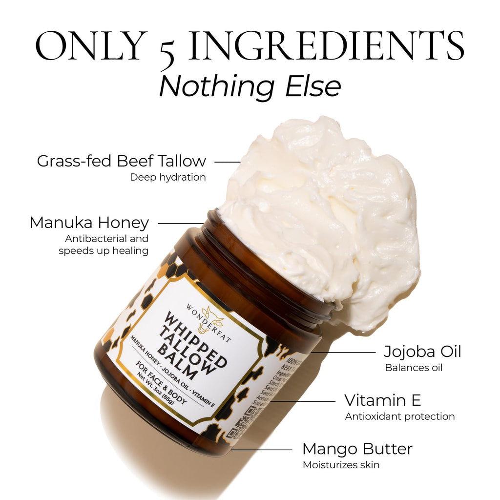 Wonderfat Grass-Fed Whipped Tallow Balm, Face and Body Moisturizer with Manuka Honey, Fragrance Free Tallow Moisturizer for Sensitive Skin, Lightweight Tallow Cream, 3 oz