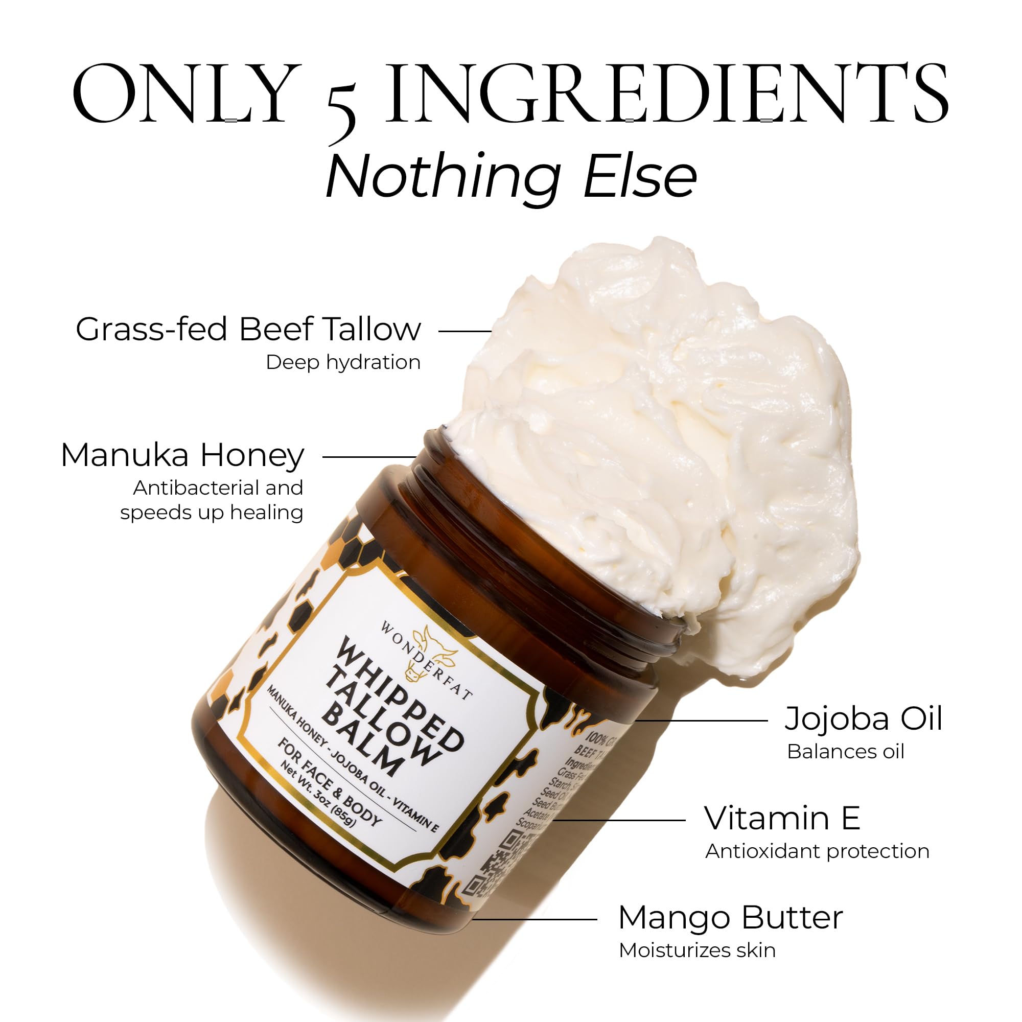 Wonderfat Grass-Fed Whipped Tallow Balm, Face and Body Moisturizer with Manuka Honey, Fragrance Free Tallow Moisturizer for Sensitive Skin, Lightweight Tallow Cream, 3 oz