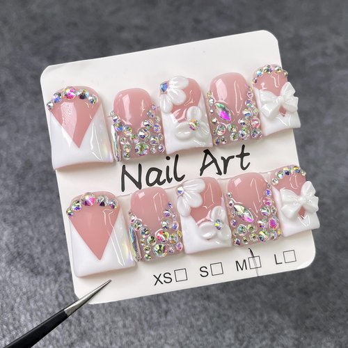 10Pcs Short Duck Press on Nails Handmade Fake Nails French Tip False Nails with 3D Flower Bow Rhinestone Design Handmade Acrylic Nails Press onsSpring Summer Flower Stick on Nail for Women (M)