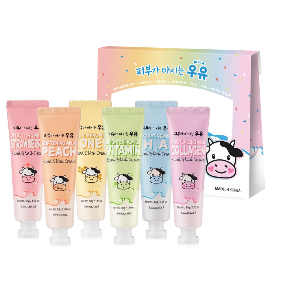 KWAILNARA Milk Hand & Nail Cream Gift Set (Set of 6) – Korean Hand Cream Variety Pack | Strawberry, Peach, Honey, Vitamin, Hyaluronic & Collagen | Deeply Nourishing K-Beauty Gift