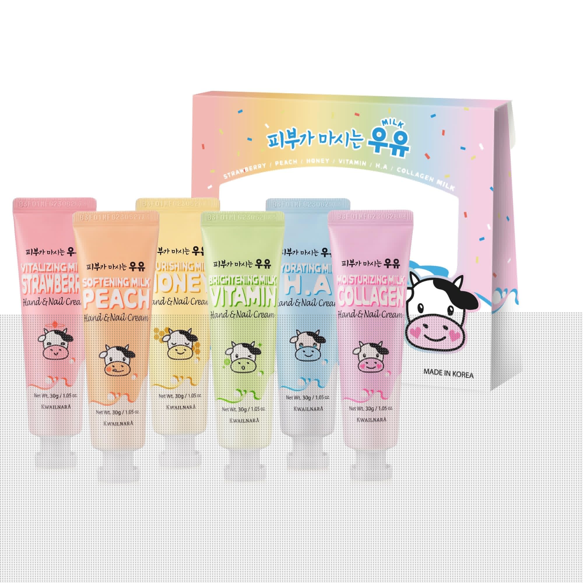 KWAILNARA Milk Hand & Nail Cream Gift Set (Set of 6) – Korean Hand Cream Variety Pack | Strawberry, Peach, Honey, Vitamin, Hyaluronic & Collagen | Deeply Nourishing K-Beauty Gift