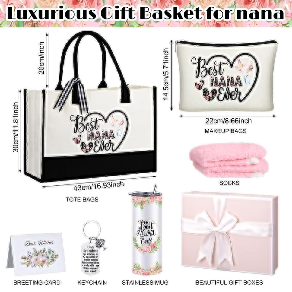 Paterr 7 Pcs Best Grandma Nana Gifts 20oz Stainless Steel Tumbler Tote Bag Sock Keychain Gift Card for Birthday Mother's Day(Nana)