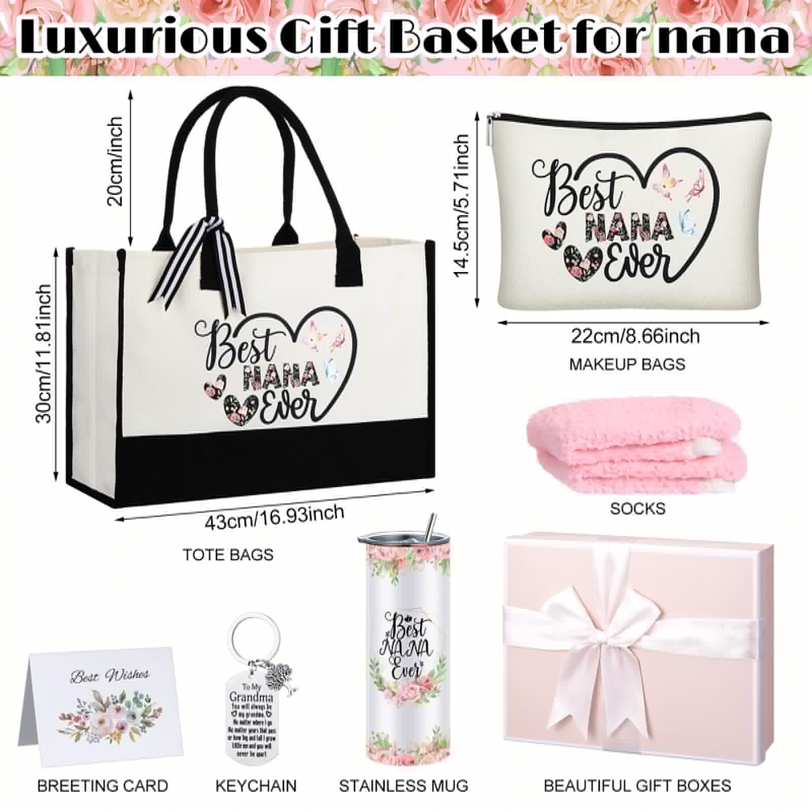 Paterr 7 Pcs Best Grandma Nana Gifts 20oz Stainless Steel Tumbler Tote Bag Sock Keychain Gift Card for Birthday Mother's Day(Nana)