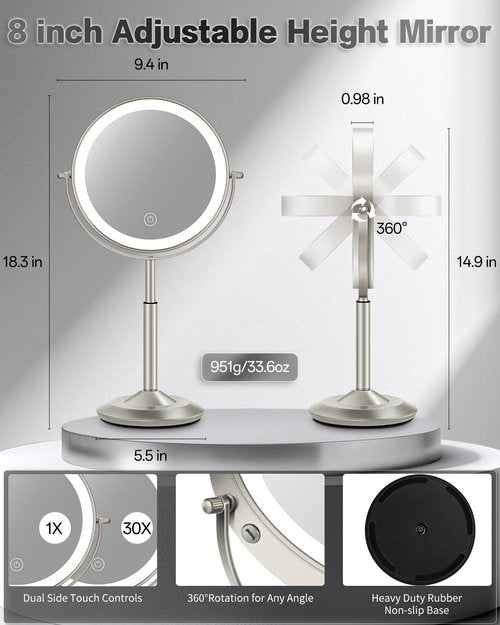 VFD 30X/1X Makeup Mirror with Lights, Height Adjustable Lighted Magnifying Vanity Mirror with 3 Lighting and Adjustable Brightness, 3000mAh Rechargeable Double Sided Switch for Desk Women Gift