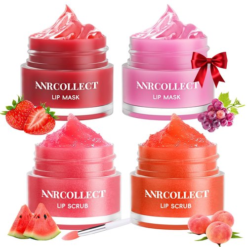 ANRCOLLECT Lip Scrub & Lip Mask - Overnight Treatment Lip Care Kits with 2 Lip Exfoliator & 2 Sleeping Lip Balm, Intense Hydration Lip Set for Dry Chapped Cracked Lips, Exfoliate & Moisturize (4 Pack)