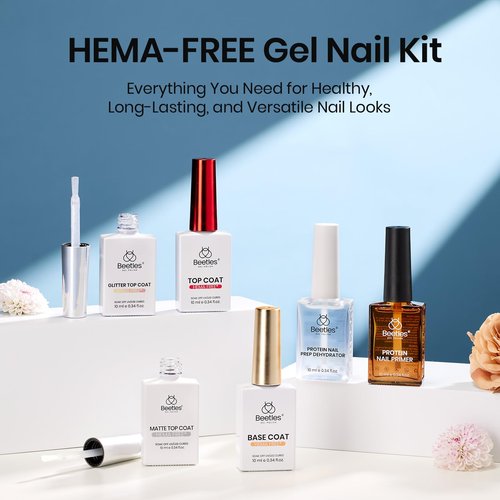 Beetles Protein Nail Prep Dehydrator & Primer with Matte and Glitter Gel Top Base Coat Set, Hema-Free Acid-Free Dehydrator Bond Primer for Acrylic, Gel Nail Polish Gifts