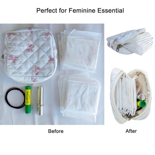 DMDFAN 2 Pack Small Quilted Cotton Makeup Bag for Purse, Cute Cosmetic Bag with Compartments Bows, Bear Pouch Travel Toiletry Bag, Small Essential Organizer Lipstick Holder (Bear+Bow)