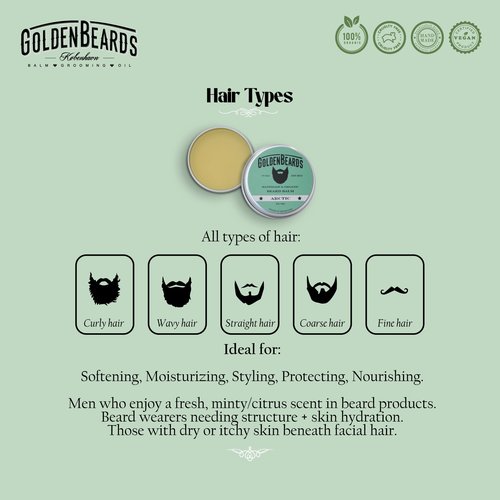 Golden Beards Organic Beard Balm Arctic – Shea, Cocoa & Beeswax Blend with Peppermint, Tea Tree & Orange Scent – 60ml Vegan Handmade Styling Balm for Beard Hydration & Freshness, Handmade in Denmark.