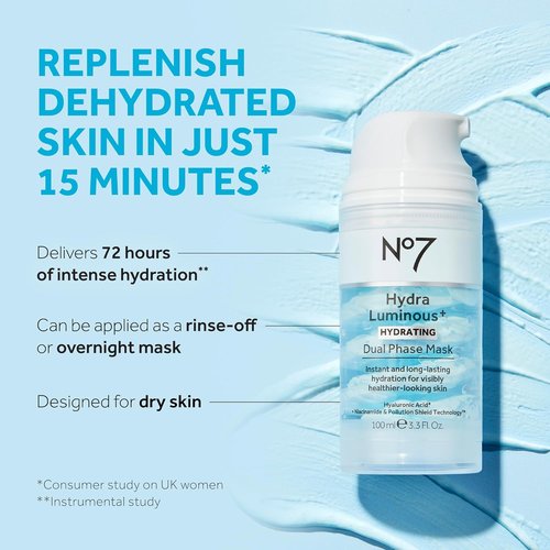 No7 HydraLuminous+ Hydrating Dual Phase Face Mask - Hyaluronic Acid & Vitamin B3 for Radiant Skin | 3.5 Fl Oz