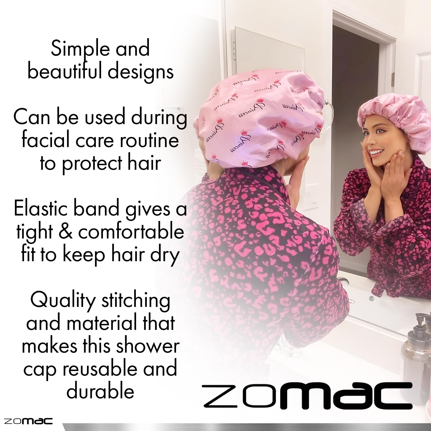 Zomac Satin Shower Cap for Women, Reusable and Waterproof Shower Cap for Long Hair, Luxury Print and Double Layer (Pink, Large)