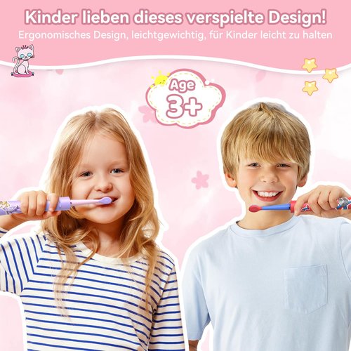 JTF Rechargeable Electric Toothbrush for Kids: 5 Gentle Modes for Ages 3+, Safe & Effective for Sensitive Teeth - with Fun DIY Stickers, 4 Soft Brush Heads, Children Sonic Toothbrush for Home & School