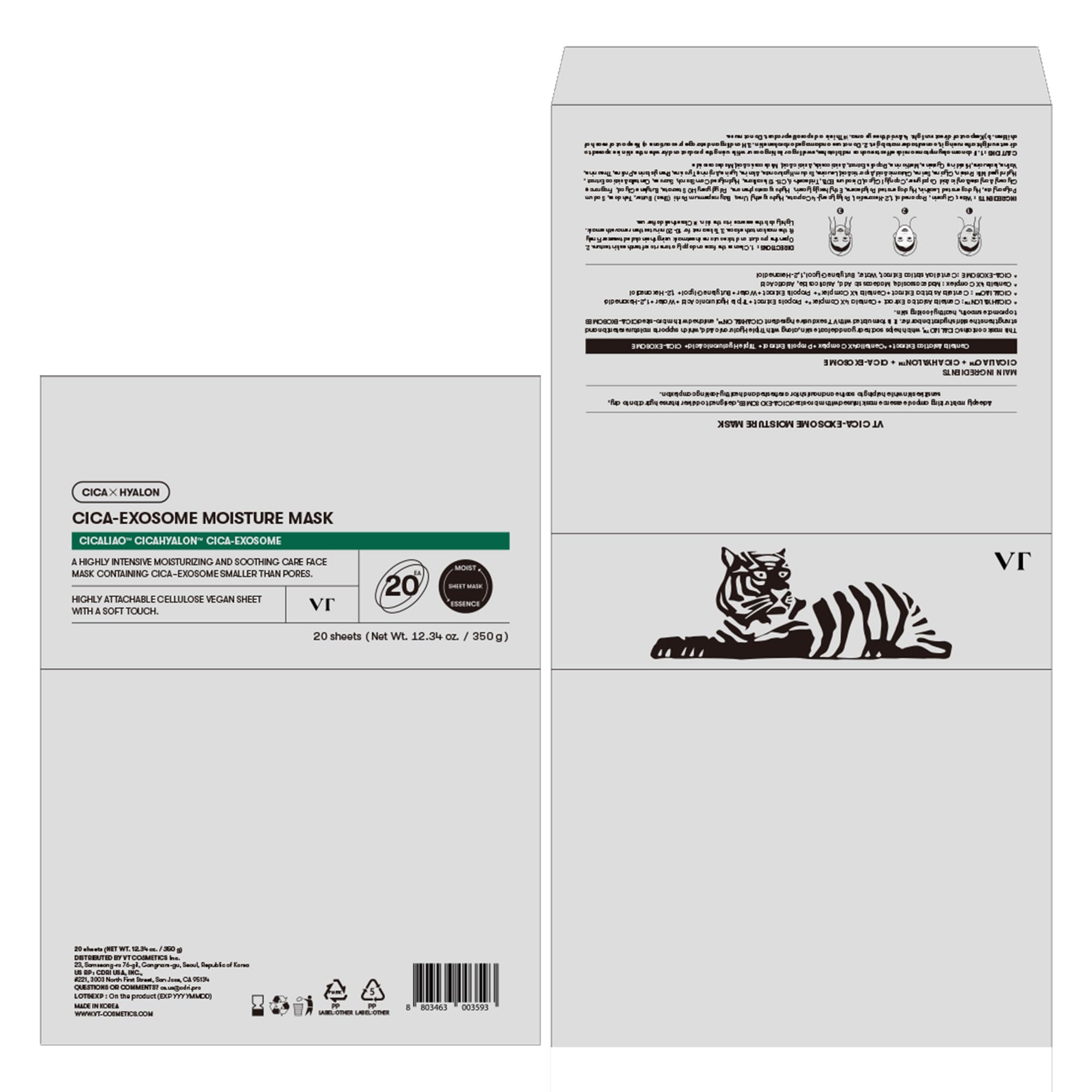 VT COSMETICS Cica-Exosome Moisture Mask 20 Sheets, Centella Asiatica & Hyaluronic Acid with Exosomes for Deep Hydration & Calming, Biodegradable Vegan Sheets, Korean Face Mask