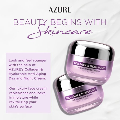 Azure Cosmetics Collagen & Hyaluronic Acid Face Moisturizer - Dermatologist Tested, Anti-Aging Cream for Fine Lines & Wrinkles - Ultra Hydrating Face Cream - Korean Skin Care - Day & Night Duo Set