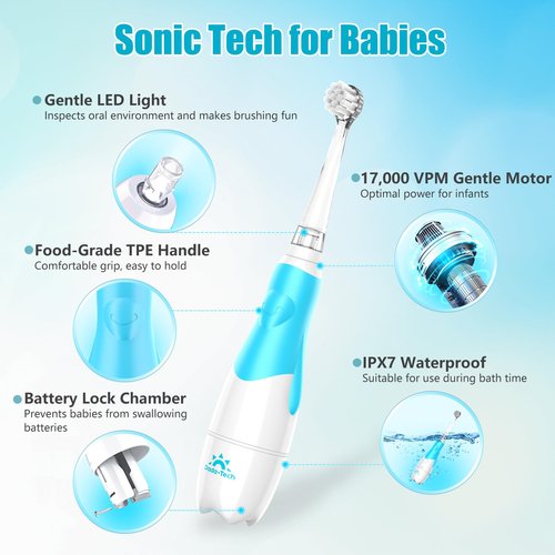 DADA-TECH Toddler Electric Toothbrush Kids Age 1-2-3 Years Old, Baby Electric Toothbrush with LED Light 2 Minutes Timer 4 Vibrating Heads for Infants (Blue Penguin‌‌)