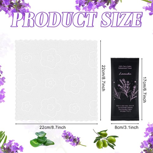 Hot or Cold Moist Cotton Towel Bulk Moist Towelettes Individually Wrapped 8.7" x 8.7",White Towel Services,Refreshment Pre Moistened Towels Lavender Scent for Travel Sport Party Spa Dentist Hotel100