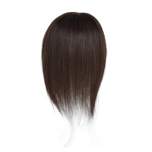 Maweilar Middle Part Clip In Human Hair Hair Topper With Bangs, Clip in Human Hair Toppers Seamless Hairpiece for Women Thick Silk Base Topper for Thicking Hair (Dark Brown, 5.1"x 5.1", 12")