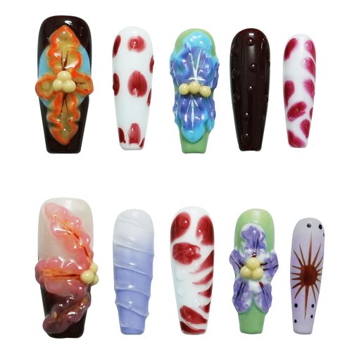 Long Coffin Press On Nails with 3D Floral Design - Summer Multicolor Thick Luxury False Nails Reusable Acrylic Nails (Summer Stories,S)