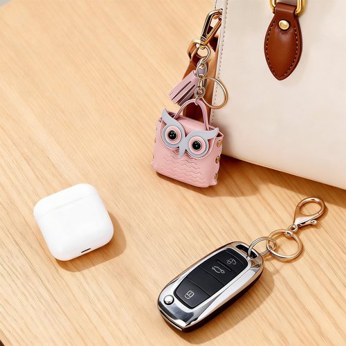 4 PCS Owl Backpack Keychain Mini PU Leather Key Chain Cute Tassel Keyring Metal Snap Small Button Change Wallet Bags for Women Cosmetic Bag Data Cable Organizer Creativity Valentine's Day Present