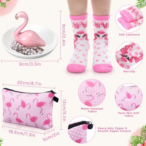 Newtay 3 Pcs Valentines Day Gifts for Women, Ring Holder Makeup Bag Fuzzy Socks with Grippers, Cute Gifts for Holiday(Flamingo)