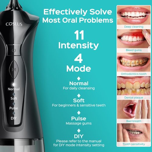 COSLUS Water Flosser for Teeth - 2-Pack C30 Dental Pick Set with 3 Modes & 8 Levels, Ideal for Sensitive Gums - Black & Green