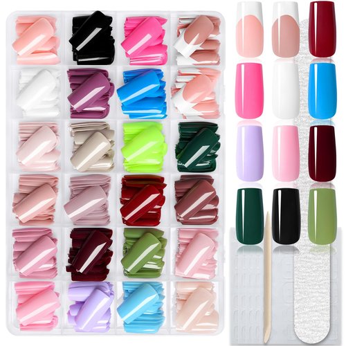 576pc Square Press on Nails Medium Fake Nail with Glue Tabs, Acrylic Press-on Nail Square Glue on Nails Press ons Nail French Tips Medium False Nails Women Manicure Artificial Fake Fingernails