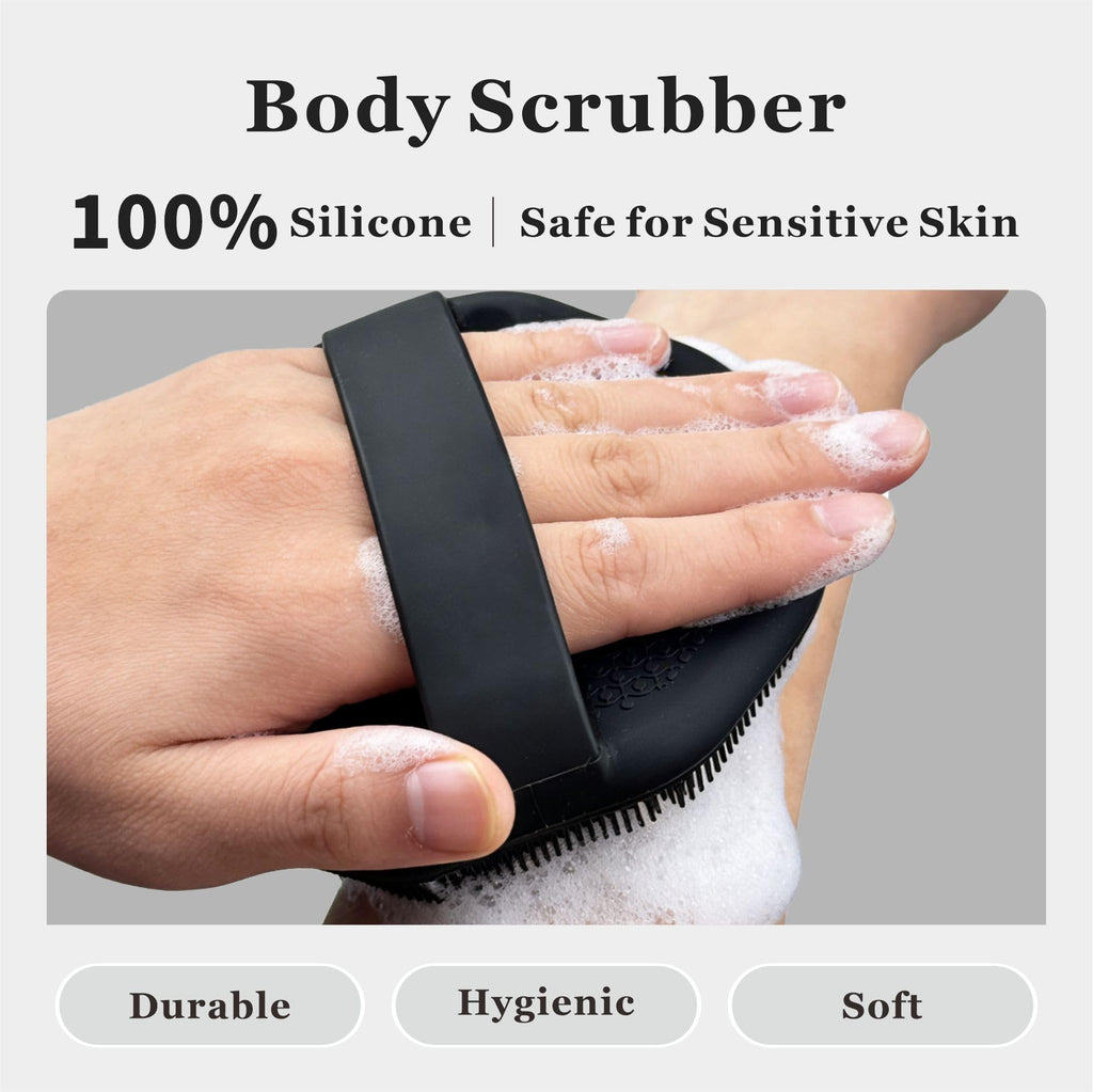 YEADMAL Silicone Body Scrubber 2-Pack, Shower Scrubber with Soft Bristles, Non-Slip Scrubbies for Body, Body Scrubber Exfoliator for Men and Women,Gentle Exfoliating and Lather Well (Black+Pink)