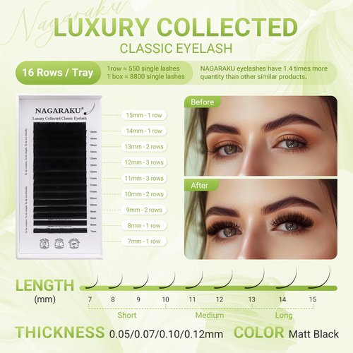 NAGARAKU Individual Eyelash Extensions, Luxury Collected Classic Single Lashes Upgraded 3rd Generation Soft Natural Beauty Salon Professional Lash Supplies 16 Rows Matte Black -0.05 C Curl 7-15mm Mix
