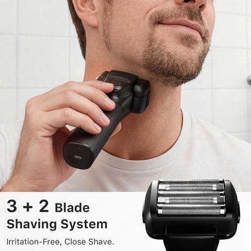 Trimcoo Electric Shaver for Men - 5-Blade Foil Razor Kit | Gentle on Sensitive Skin, USB-C Charging, 180min Runtime, IPX7 Wet/Dry Use