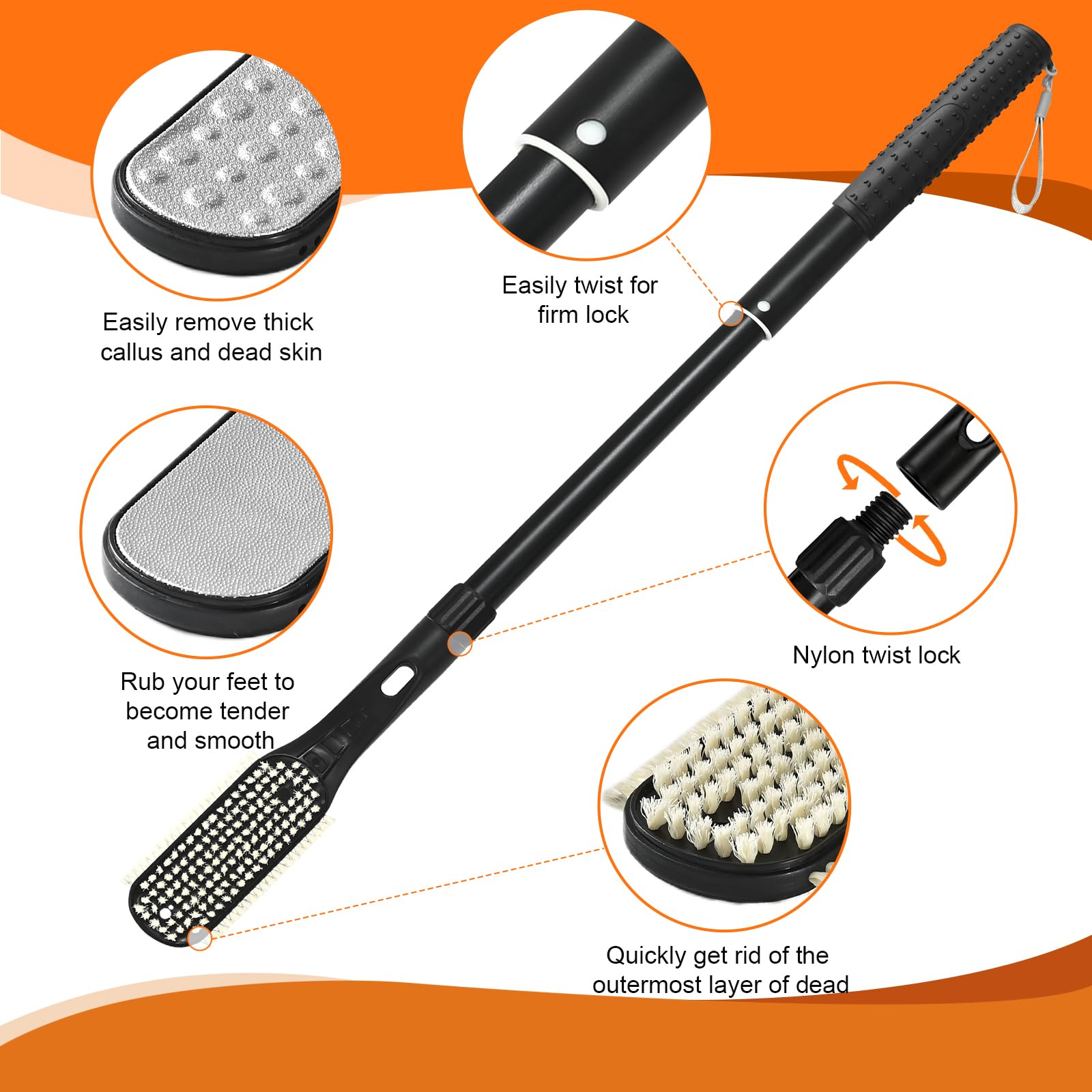 VIVEBEI Long Handle Foot Scrubber with Toe Gap Cleaner, 18.8" - 25.9" Telescopic Toe Cleaning Brush, Foot File Callus Remover for Men, Women and Seniors