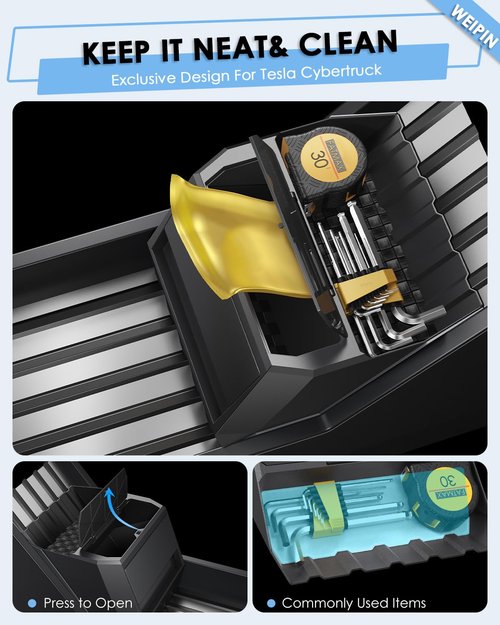 For Tesla Cybertruck Floor Console Organizer - [Easy To Install] Push to Open 2-in-1 Cyber Style Car Trash Can& Console Storage Vegan Leather Mats for 2024 2025 Cybertruck-Waterproof Drawer Organizer