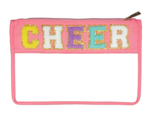 Cheer Makeup Bag with Chenille Lettering - Perfect Cosmetic & Cheer Pin Bag for Competitions - Cheerleader Gift for All Seasons - 6 Fun Theme Variations! (Light Pink Pastel CHEER)